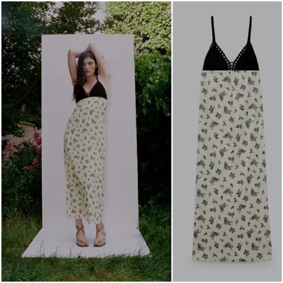 New Zara Floral Satin Printed Crochet Cream Maxi Tank Dress Cottagecore Small - Picture 1 of 14